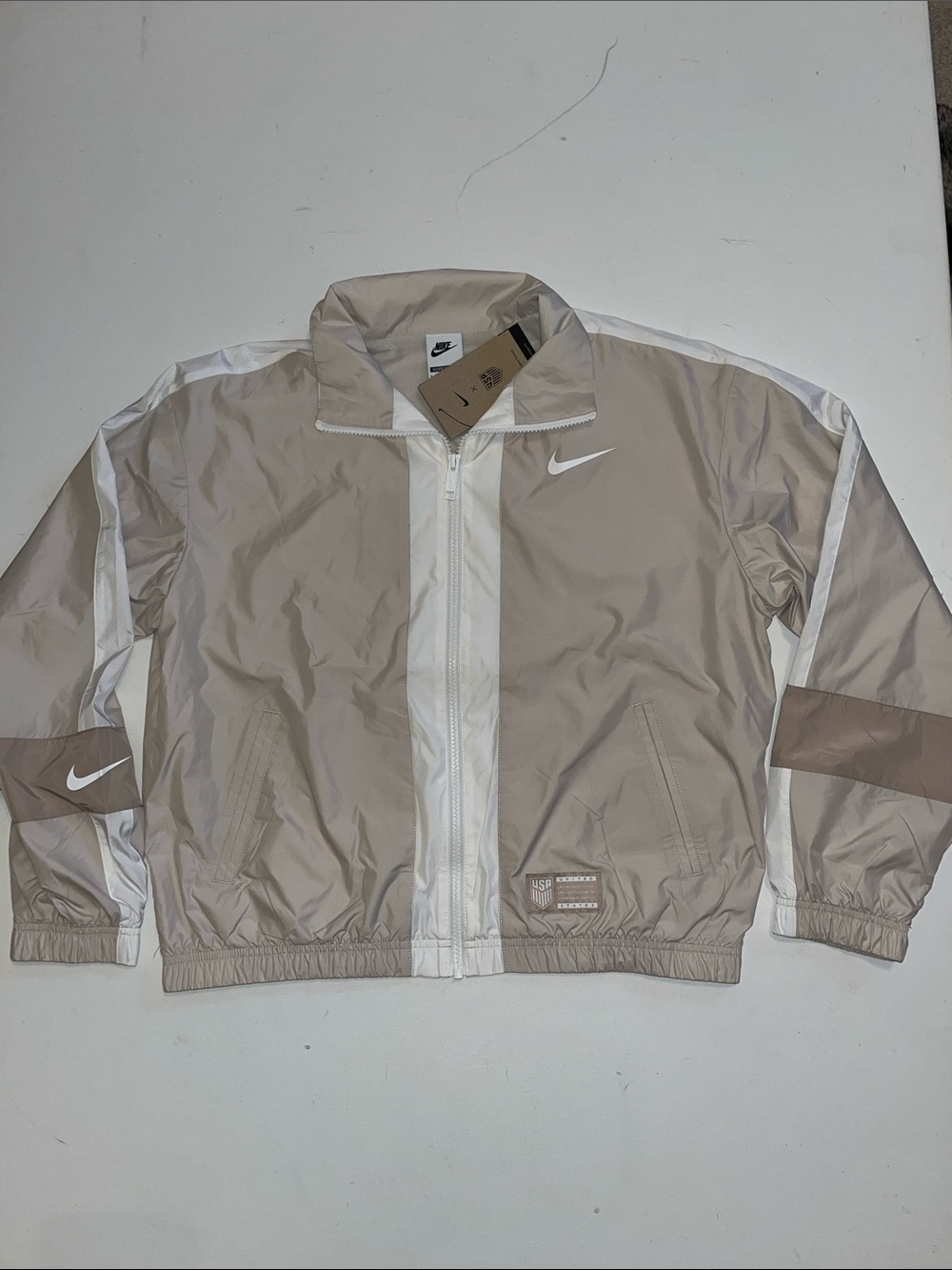 Nike USA Jacket Womens S Oversized Full Zip Mesh lined Soccer Tan NWT $120
